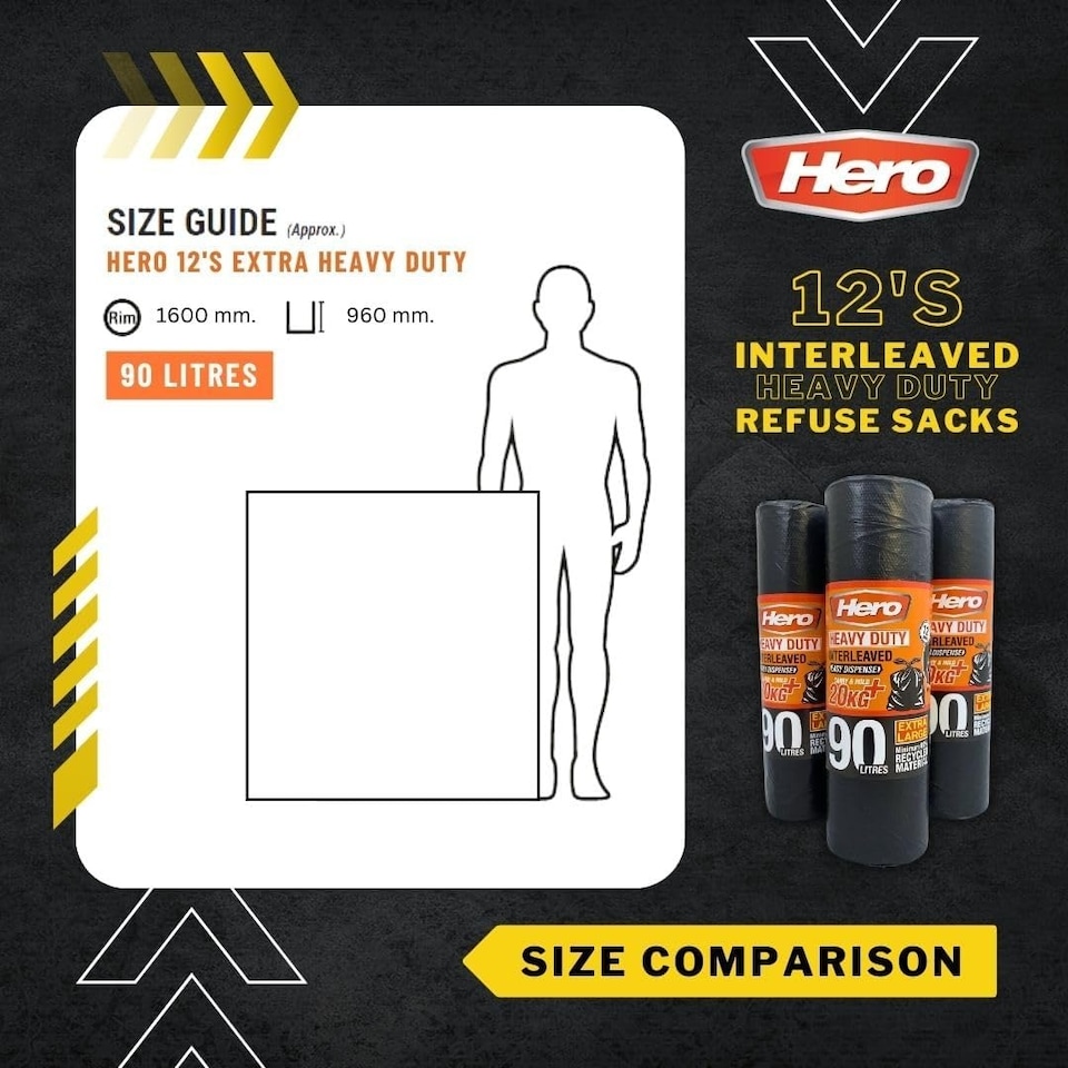 image 1 of Hero 90L Extra Heavy Duty Black Bin Bags – Strong Refuse Sacks | 12 Bags per Roll for Household, Garden & Commercial Use
