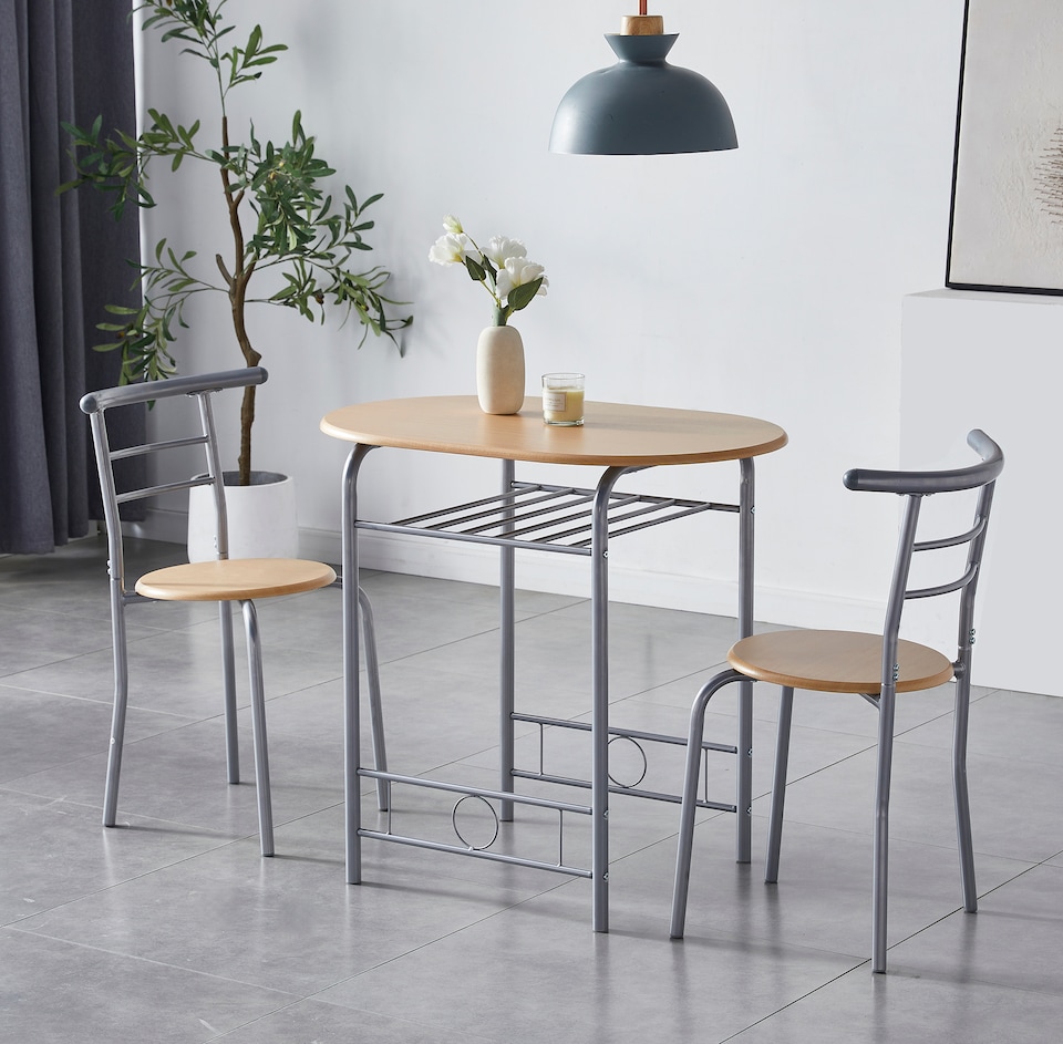 image 1 of Kitchen Breakfast Bar Small Dining Table and 2 chairs Set with Metal frame -Natural
