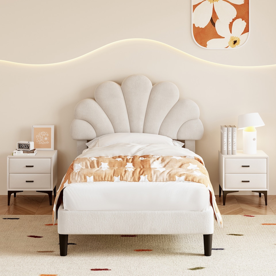 image 1 of Abrihome 3FT Single Velvet Upholstered Bed Frame 90x190cm with Adjustable Petal Headboard, Solid Wood Slats, No Box Spring Needed, Beige