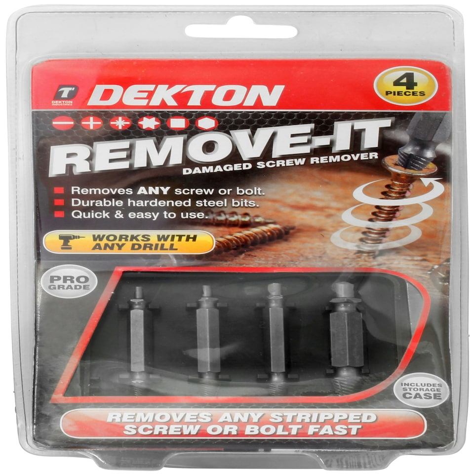image 1 of Dekton 4pc Broken Damaged Screw Extractor Removal Remover Garage Tool Bit Set