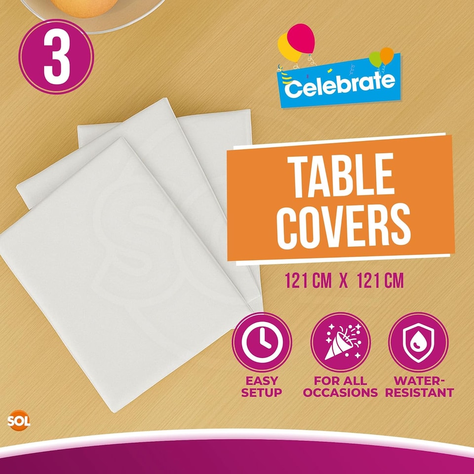 image 1 of 3pk White Tablecloths 121×121cm – Disposable Plastic Party Covers with Heavy Duty Spill Protection for Weddings, Buffets & Events