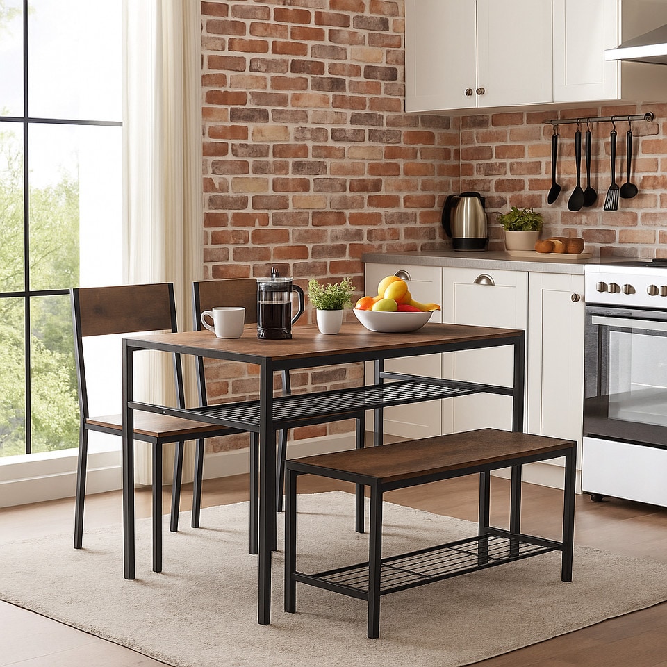 image 1 of 4 Pcs Set Dining Room Table Metal Frame with 2 Matching Chairs and Bench Kitchen | Multi | Rustic Brown