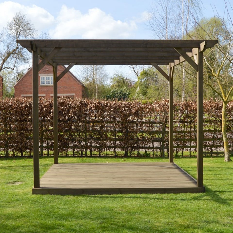 image 1 of Garden Pergola and Decking Kit - Wood - L300 x W300 x H270 cm - Rustic Brown