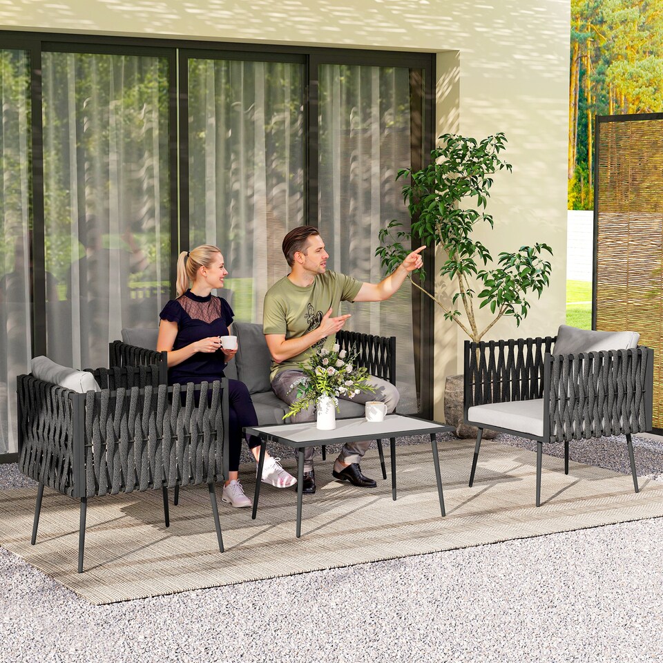 image 1 of Outsunny 4 Piece Outdoor Garden Furniture Set with Cushions, 4 Seater Garden Sofa Set with Loveseat, Armchairs and Faux Marble Top Table, Outdoor Furniture Set for Patio, Conservatory, Light Grey