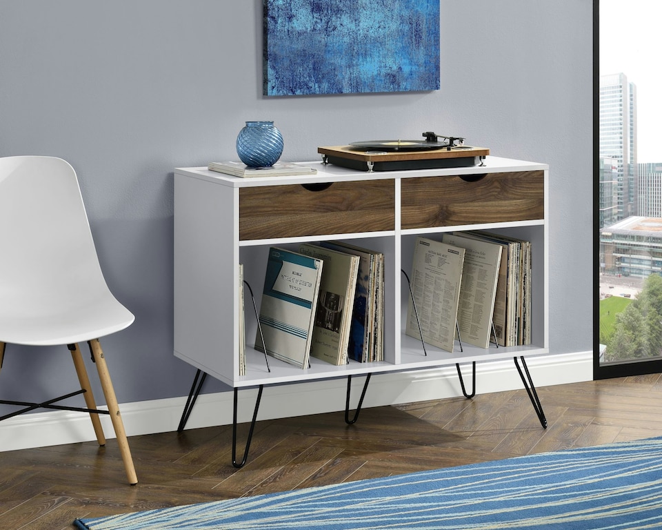 image 1 of Concord Turntable Stand with 2 Drawers White / Oak Look | White | White