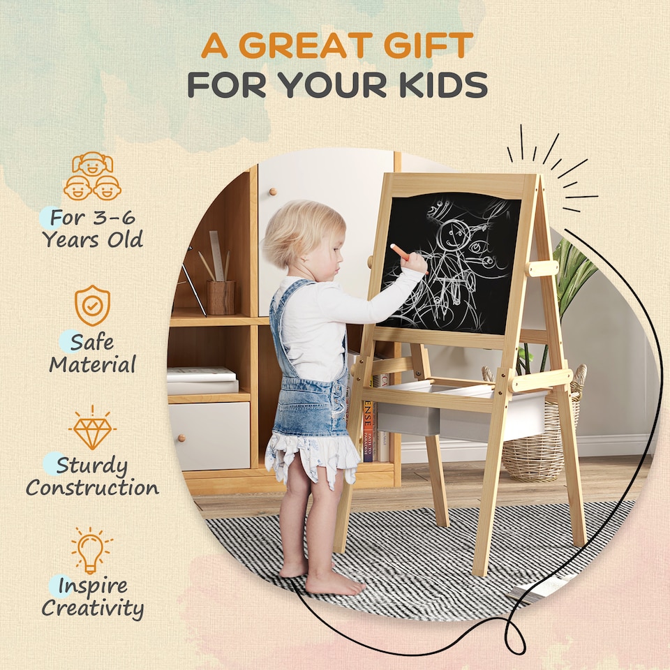 image 1 of AIYAPLAY 3 in 1 Kids Easel with Paper Roll, Storage Baskets - Natural