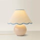 image 4 of ValueLights Bosco Natural Stone Globe Ceramic Table Lamp with Linen Blue Trim Scallop Lamp Shade