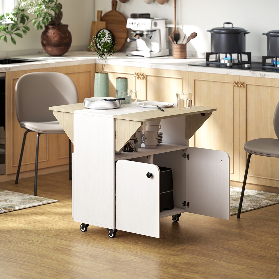 image 1 of HOMCOM Folding Dining Table, Rolling Drop Leaf Table with Hidden Shelf | White | White and Natural Wood | 70W x 83D x 75H cm