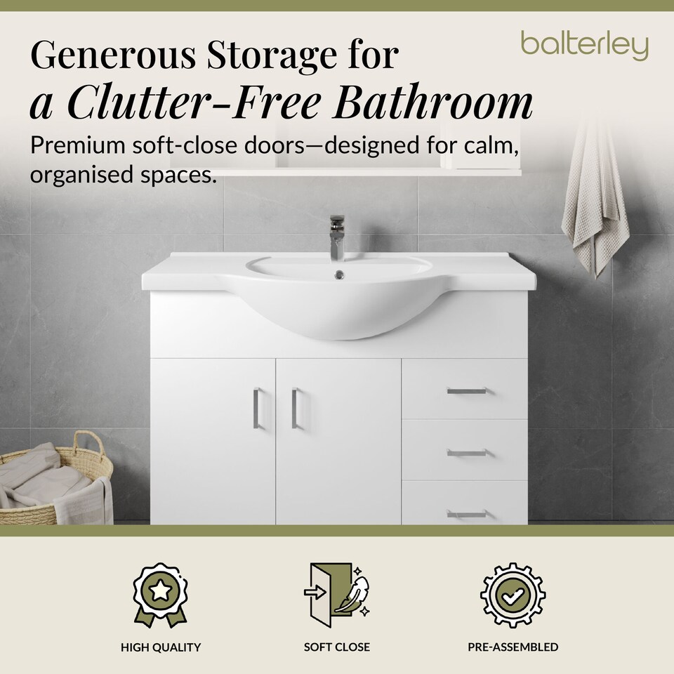 image 1 of Balterley 2 Door 3 Drawer Vanity Basin Unit with Round Basin | White | Gloss White