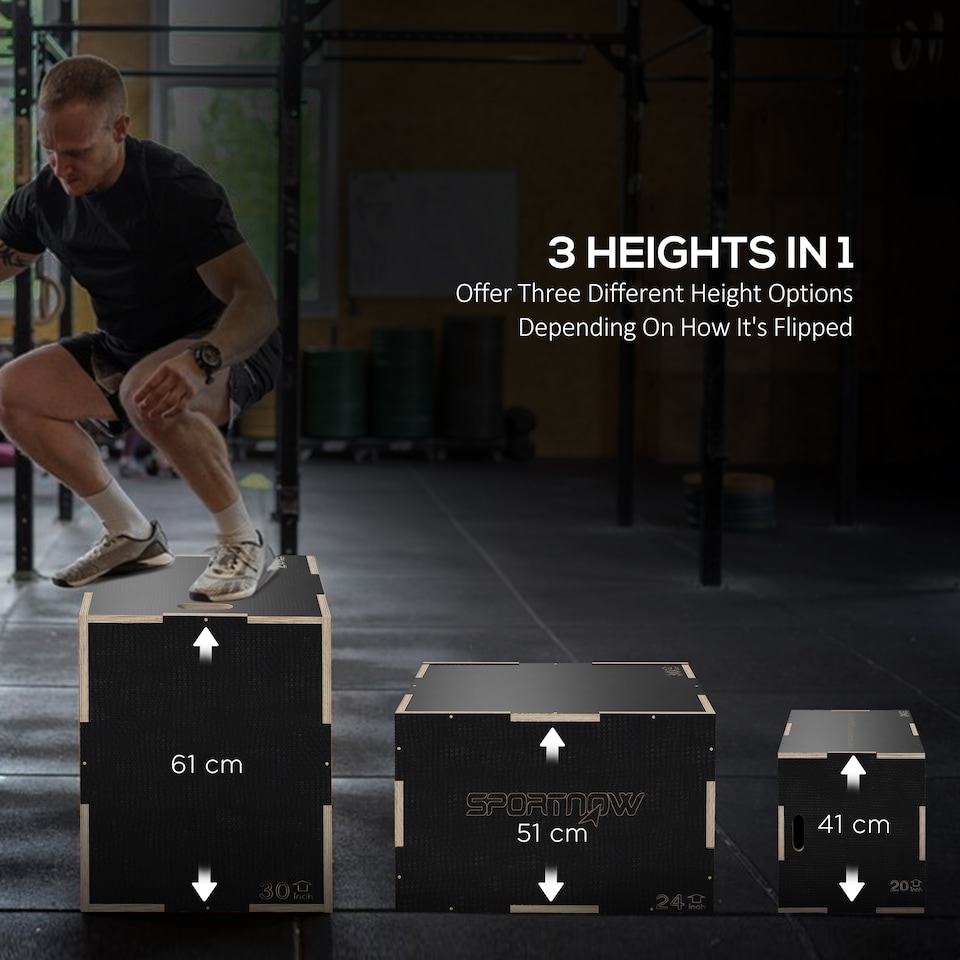 image 1 of SPORTNOW 41/51/61cm Pylometric Jump Box, Wooden Pylo Box for Home Gym | Black