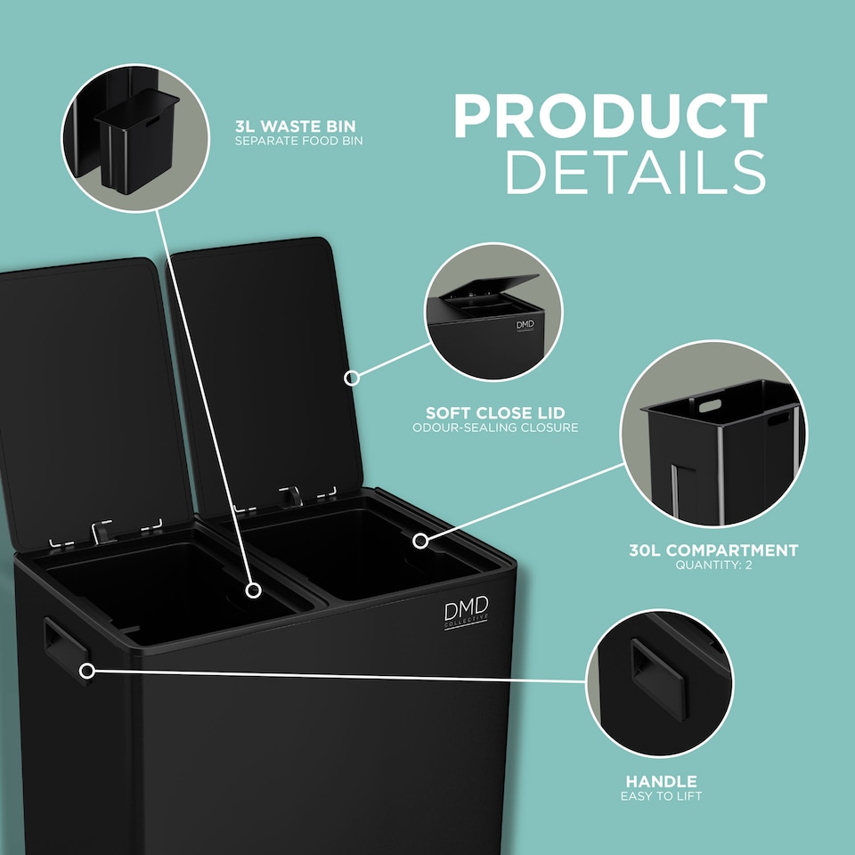image 1 of 60L Stainless Steel Rubbish Bin, 2 x 30L Removable Recycling Bins & 3L Compost Bin Included