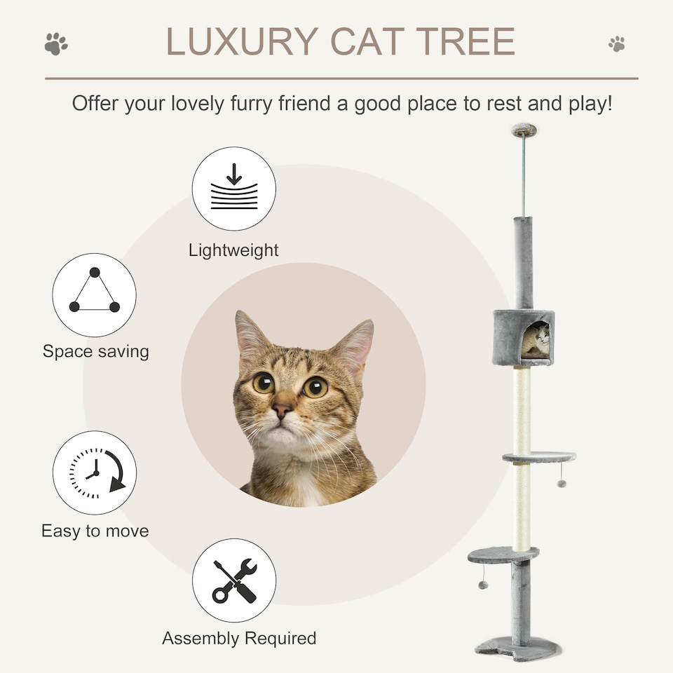 image 1 of PawHut Floor to Ceiling Cat Tree with Condo Scratching Post, Light Grey