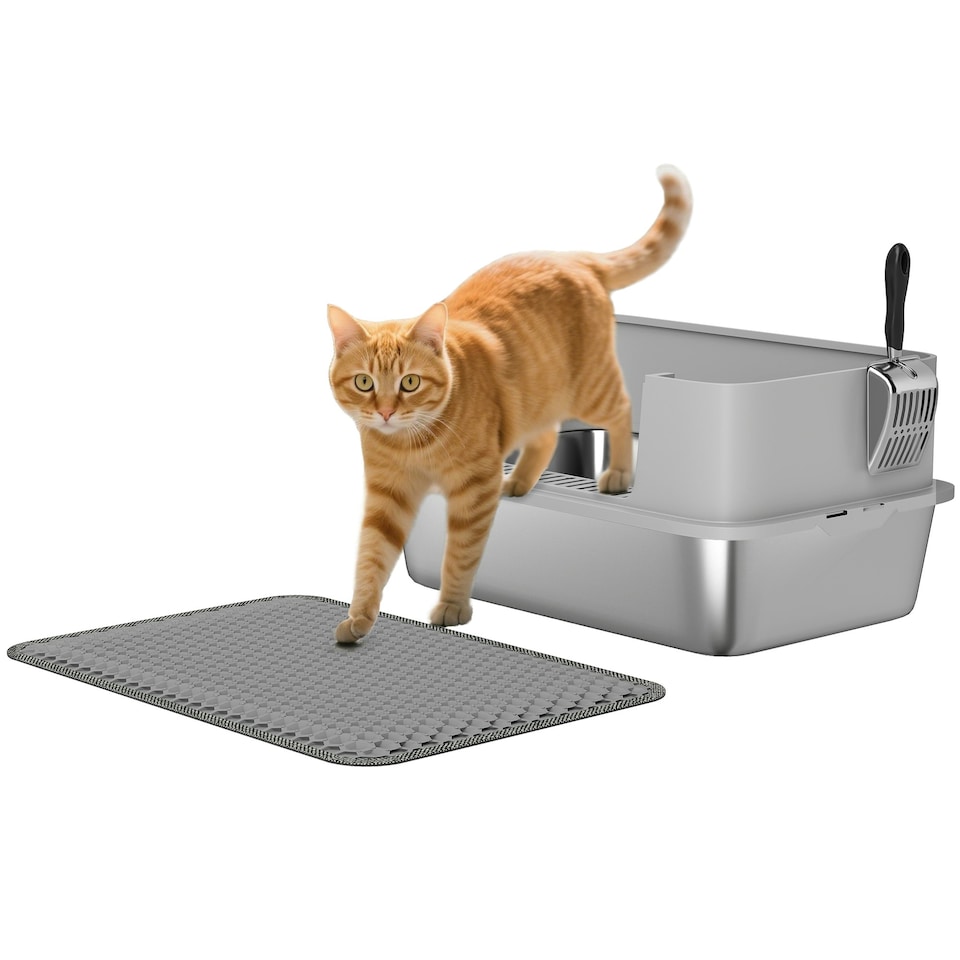 image 1 of PawHut Stainless Steel Litter Box with Scoop, High Sided Cat Litter Tray Grey | One Size