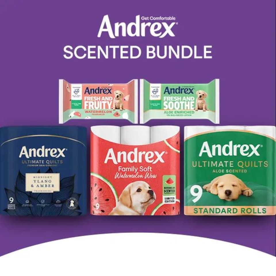 NEW Andrex Scented Bundle - Midnight Ylang and Amber, Watermelon, Aloe Vera Toilet Roll - with Watermelon & Aloe Vera Wipes, flushable