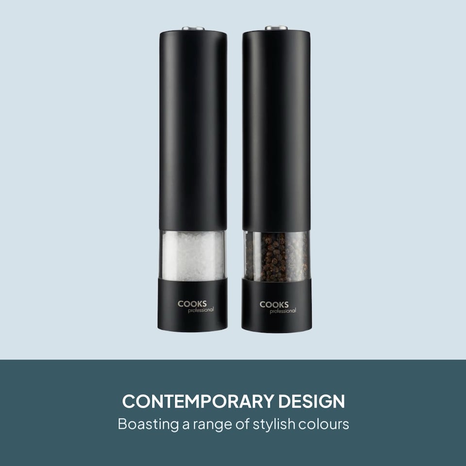 image 1 of Cooks Professional Electric Salt & Pepper Mill - Stainless Steel Automatic Grinder | Black | Black | 2