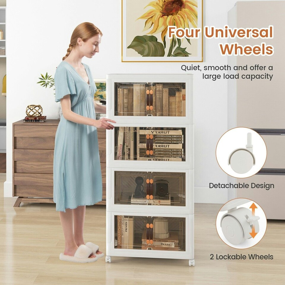 image 1 of COSTWAY 4 Pack Stackable Storage Cabinet Folding Organizer White