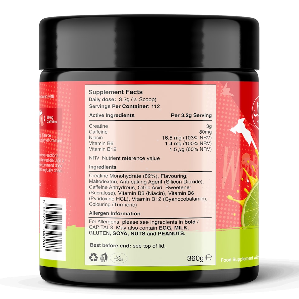 image 1 of Warrior Creatine + Energy – 3g Creatine, 80mg Caffeine & B-Vitamins for Strength, Focus & Stamina – Citrus Blast, 360g (112 Servings)