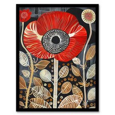 Poppy Flower Red Gold Grey Modern Folk Art Black Framed Wall Art Print A4