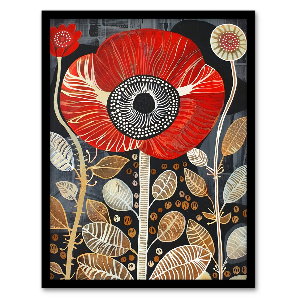 image 1 of Poppy Flower Red Gold Grey Modern Folk Art Black Framed Wall Art Print A4
