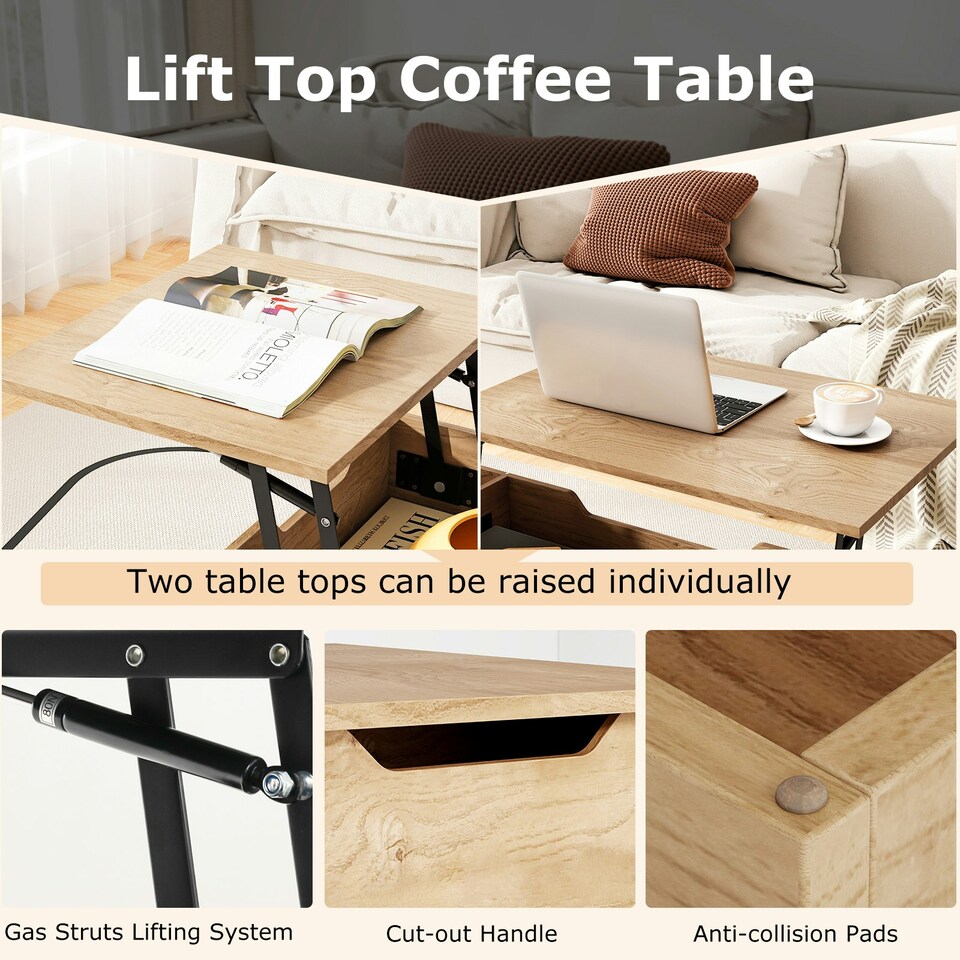 image 1 of COSTWAY Lift Top Coffee Table w/Storage Compartments Natural N/A
