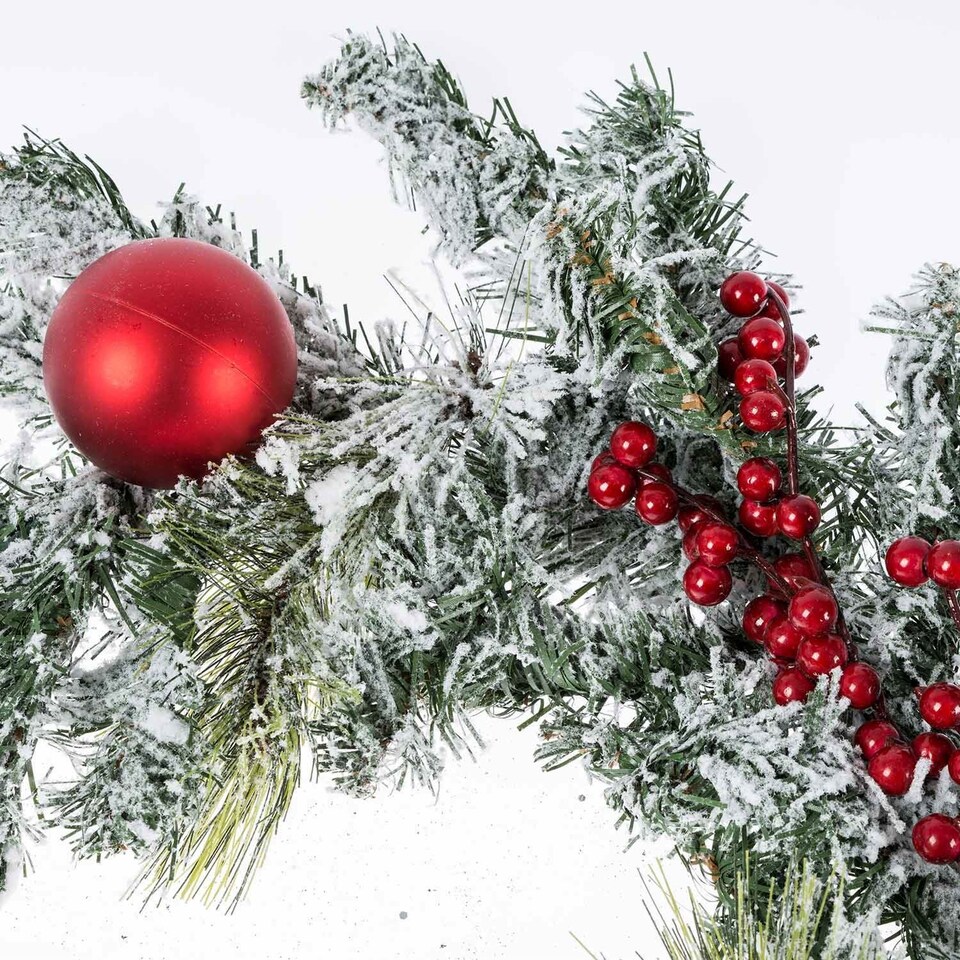 image 1 of Homescapes Frosted Artificial Christmas Garland with Red Baubles