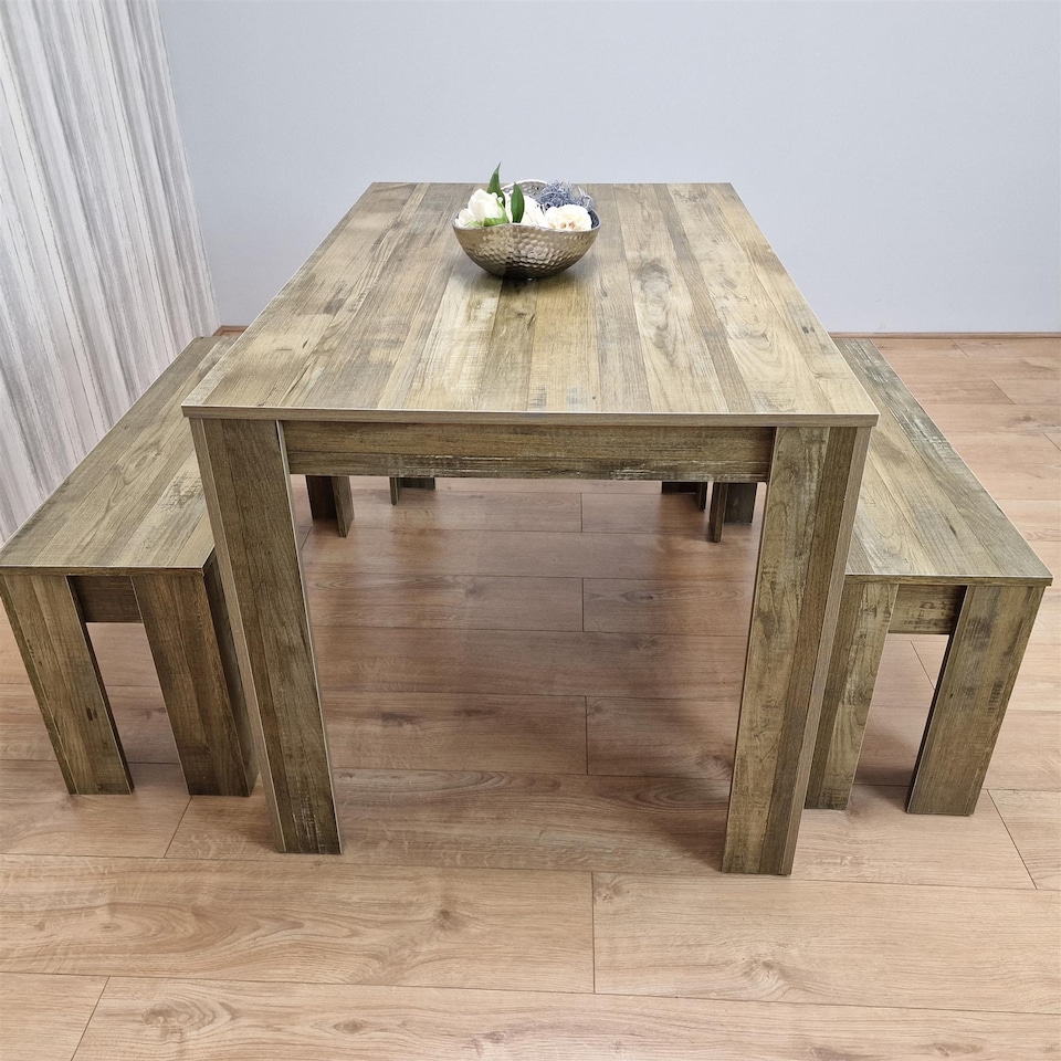 image 1 of Rustic Effect wood Dining Table And 2 Benches kitchen table Set space saver table set