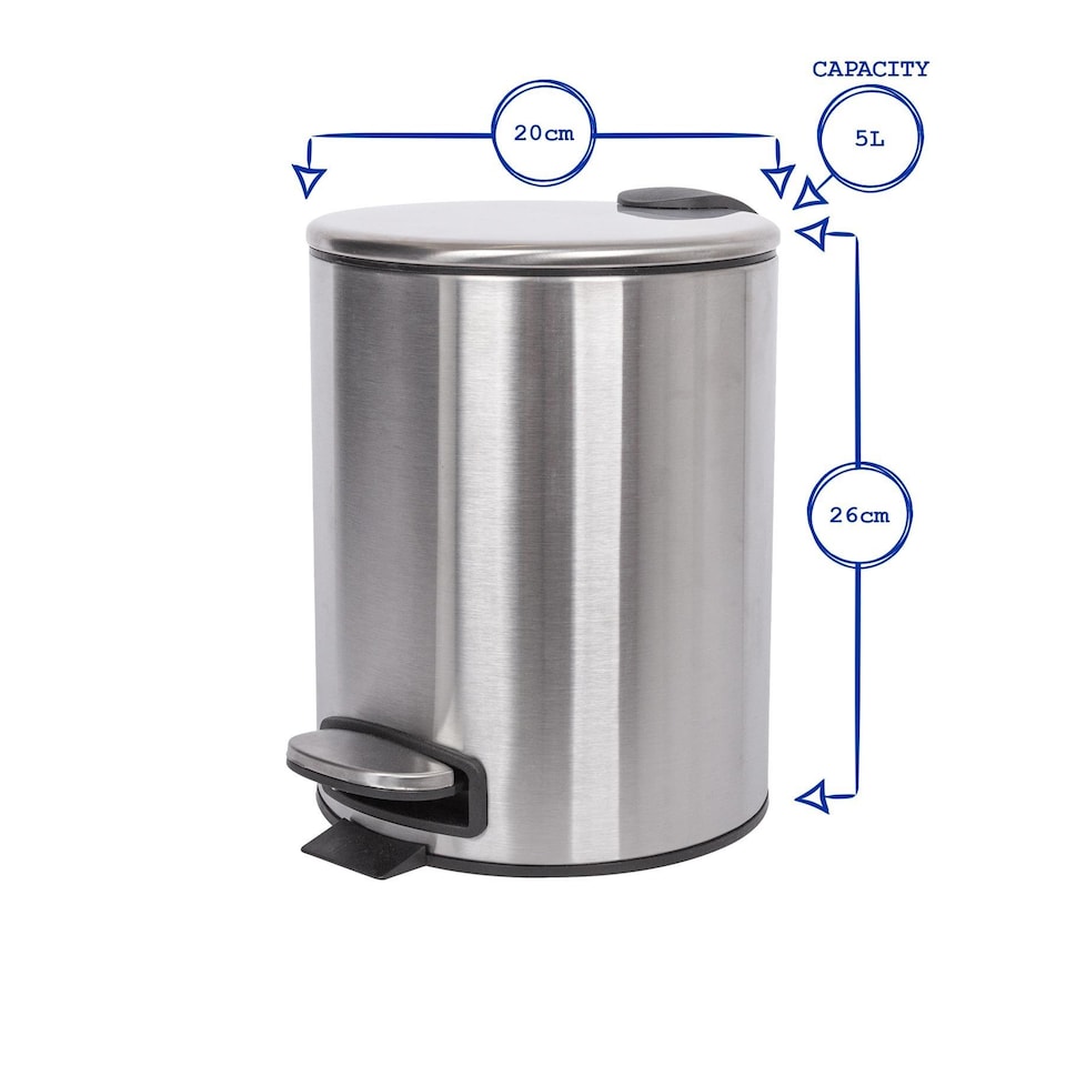 image 1 of Harbour Housewares Round Stainless Steel Pedal Bin - 5L - Black