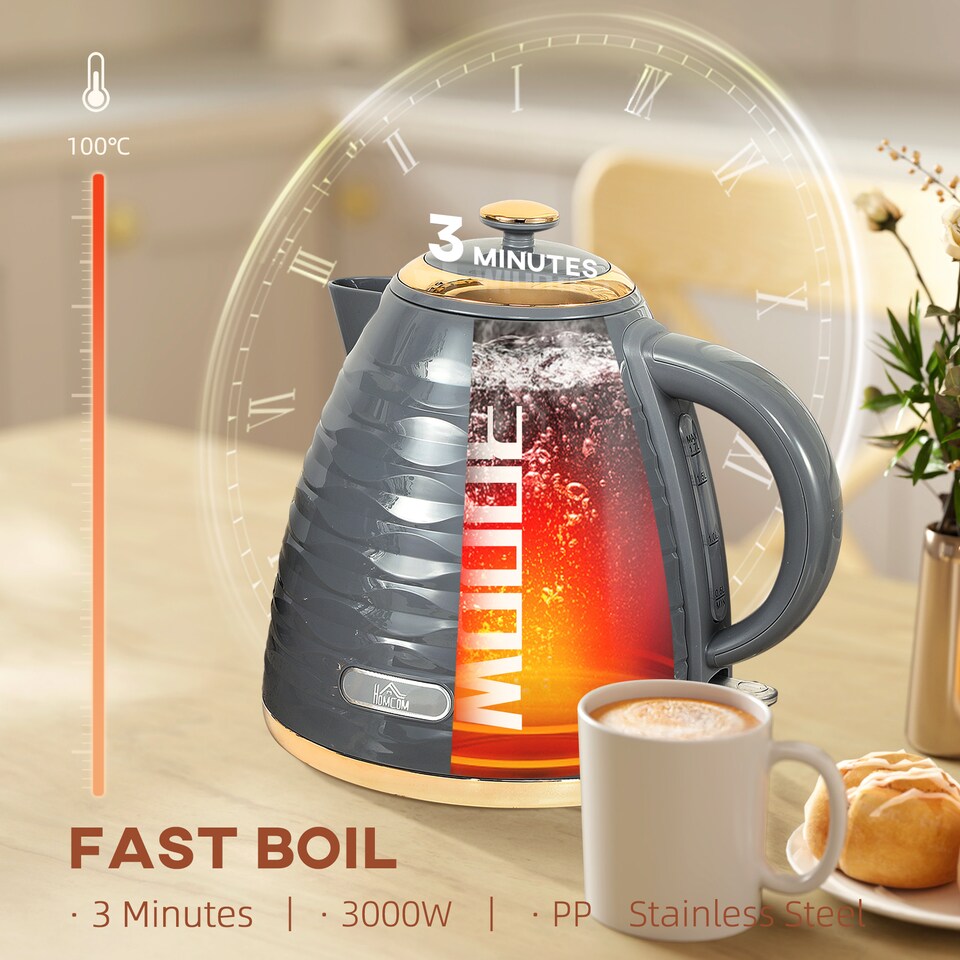 image 1 of HOMCOM Electric Kettle, Fast Boil, 1.7L, 3kW, Swivel, Grey Ripple | Grey