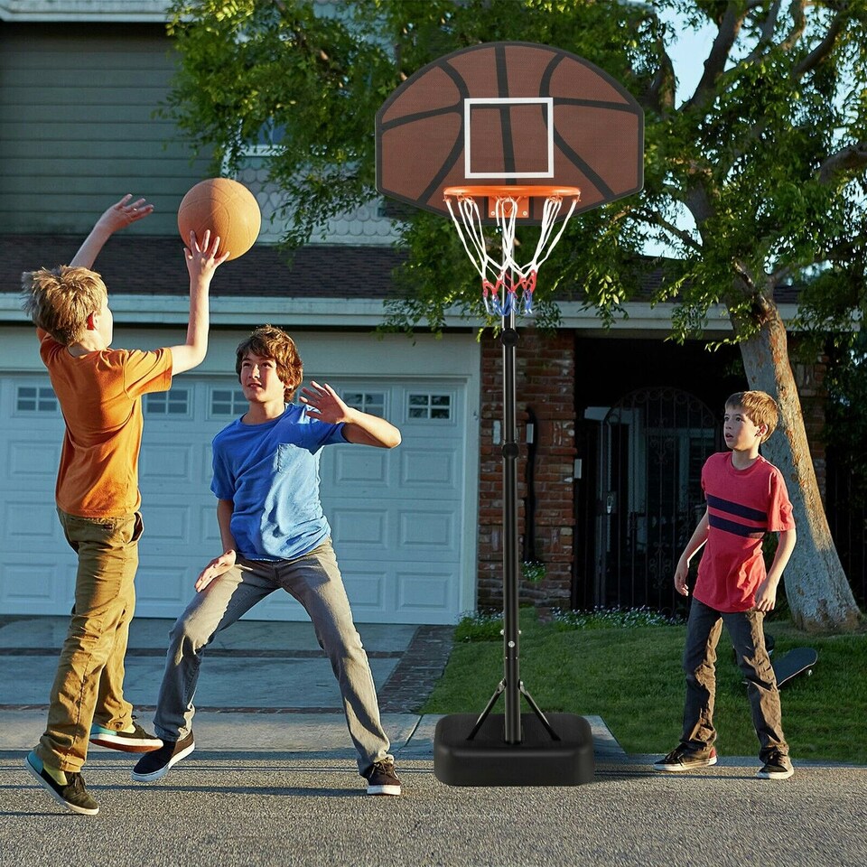 image 1 of COSTWAY Height Adjustable Basketball Hoop Basketball Goal System Brown | Standard
