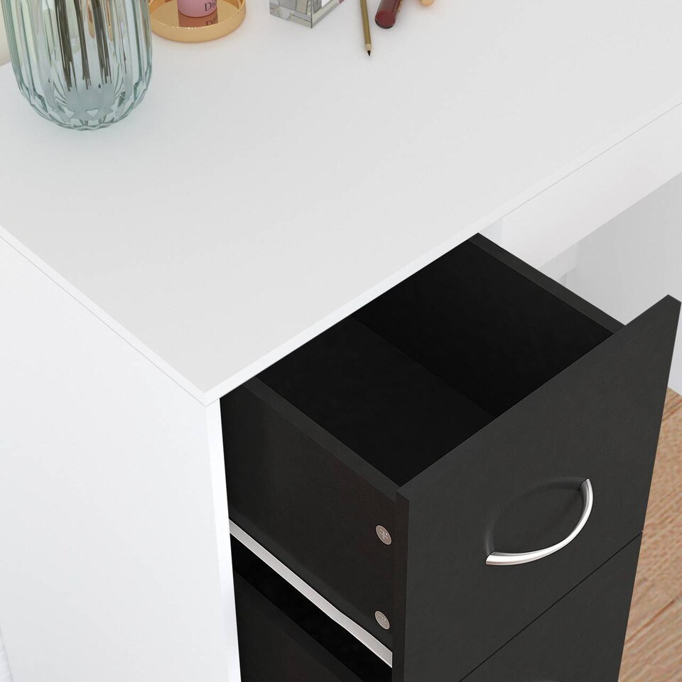 image 1 of 3-Drawer Wooden Desk and Dressing Table - Multi-Functional, 79.5x93x40 cm | White | White & Black | 22.5 x 43.5 x 98.5 | 1