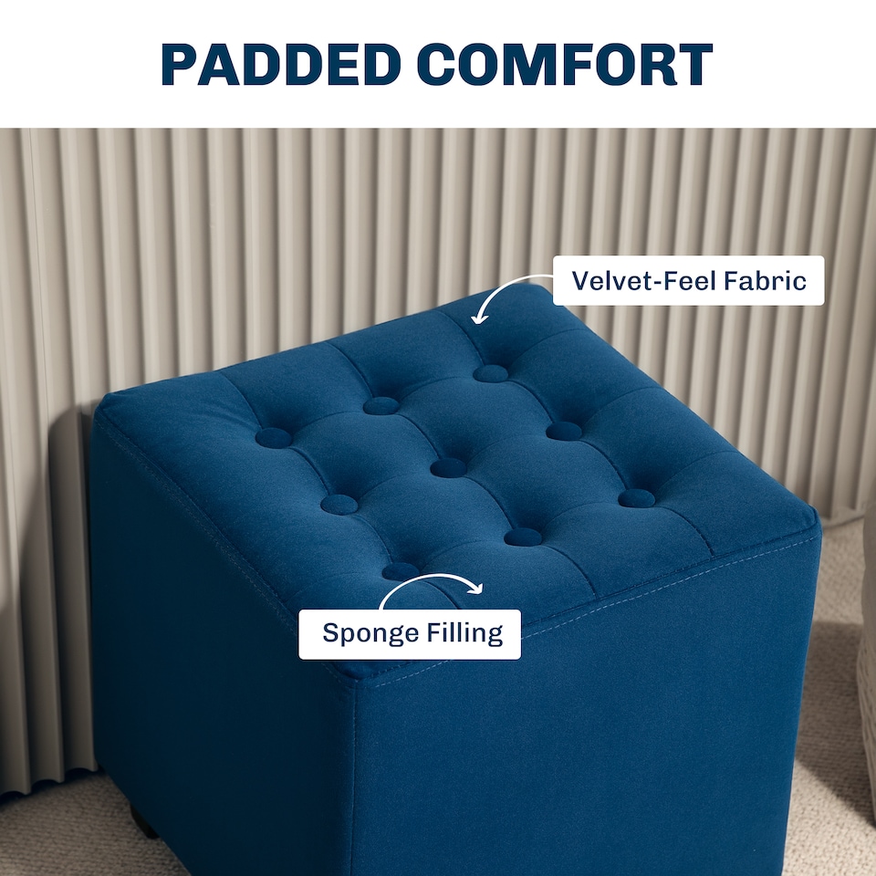 image 1 of HOMCOM Small Footstool Ottoman, Velvet Footrest, Square Foot Stool with Rubber Wood Legs and Padded Seat for Living Room, Bedroom, Entryway, 35 35 35cm, Blue | Blue | 1
