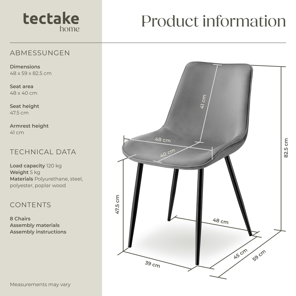 image 1 of Dining Chair Monroe - padded, velvet look, ergonomic seat, black steel legs - Set of 8 Grey
