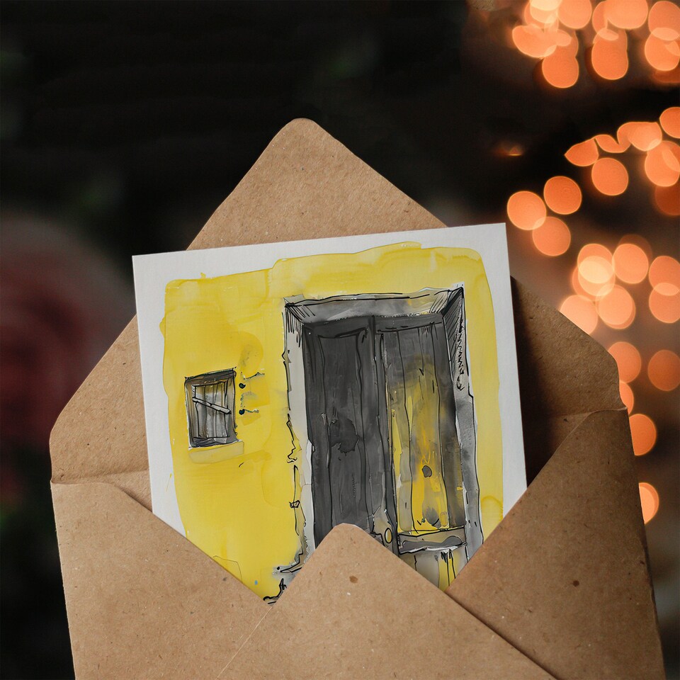 image 1 of Greeting Card Black Cat in Doorway Rustic Yellow Watercolour Birthday