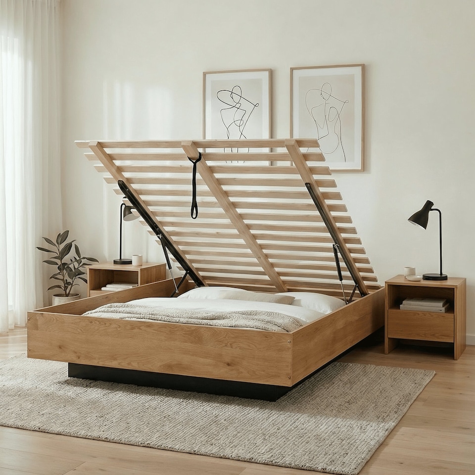 image 1 of Koping Double 4ft6 Gas Lift Ottoman Bed with Underbed Storage in Natural Pine