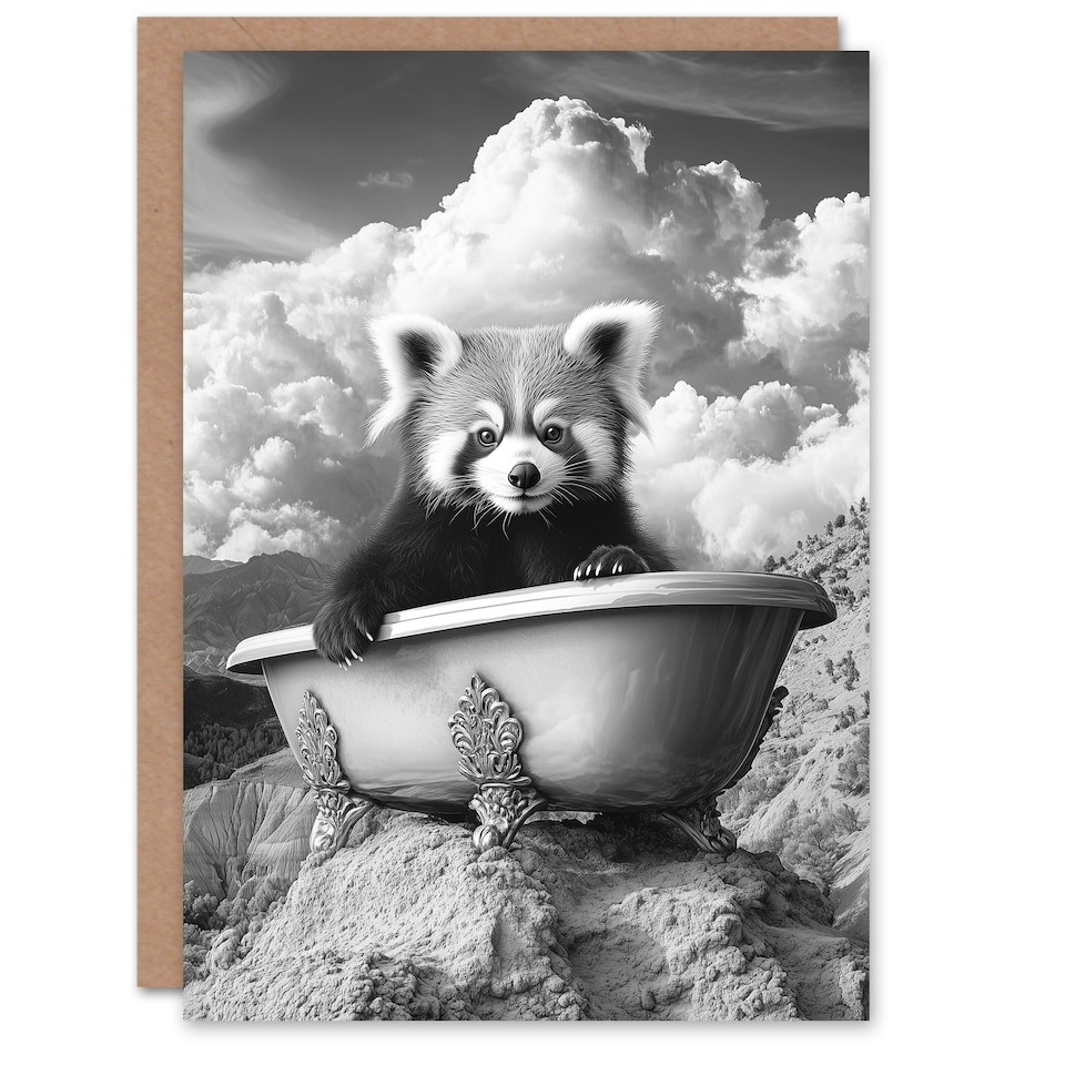 image 1 of Red Panda in Bathtub on Hill Black White Surreal Birthday Greeting Card