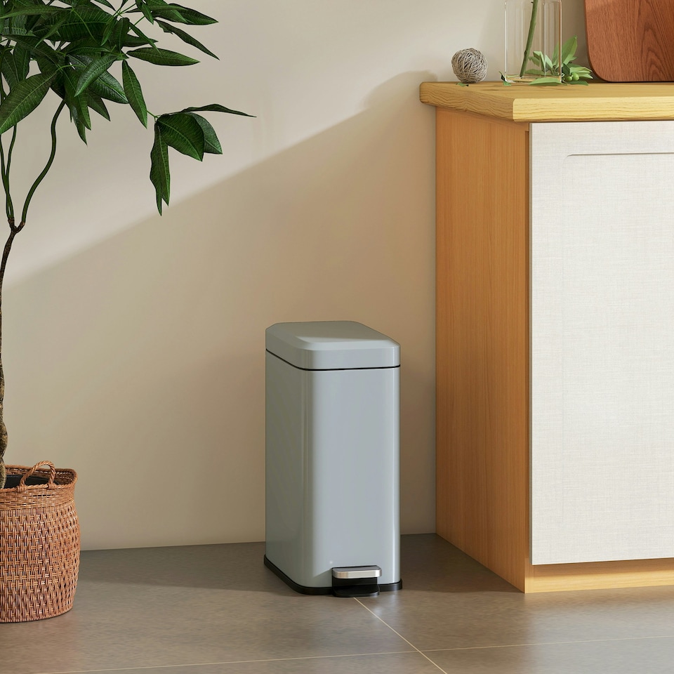 image 1 of HOMCOM 5L Rectangle Compact Bin Steel Body Inner Bucket Quiet-Close Lid w/Pedal | White | 5L | 1