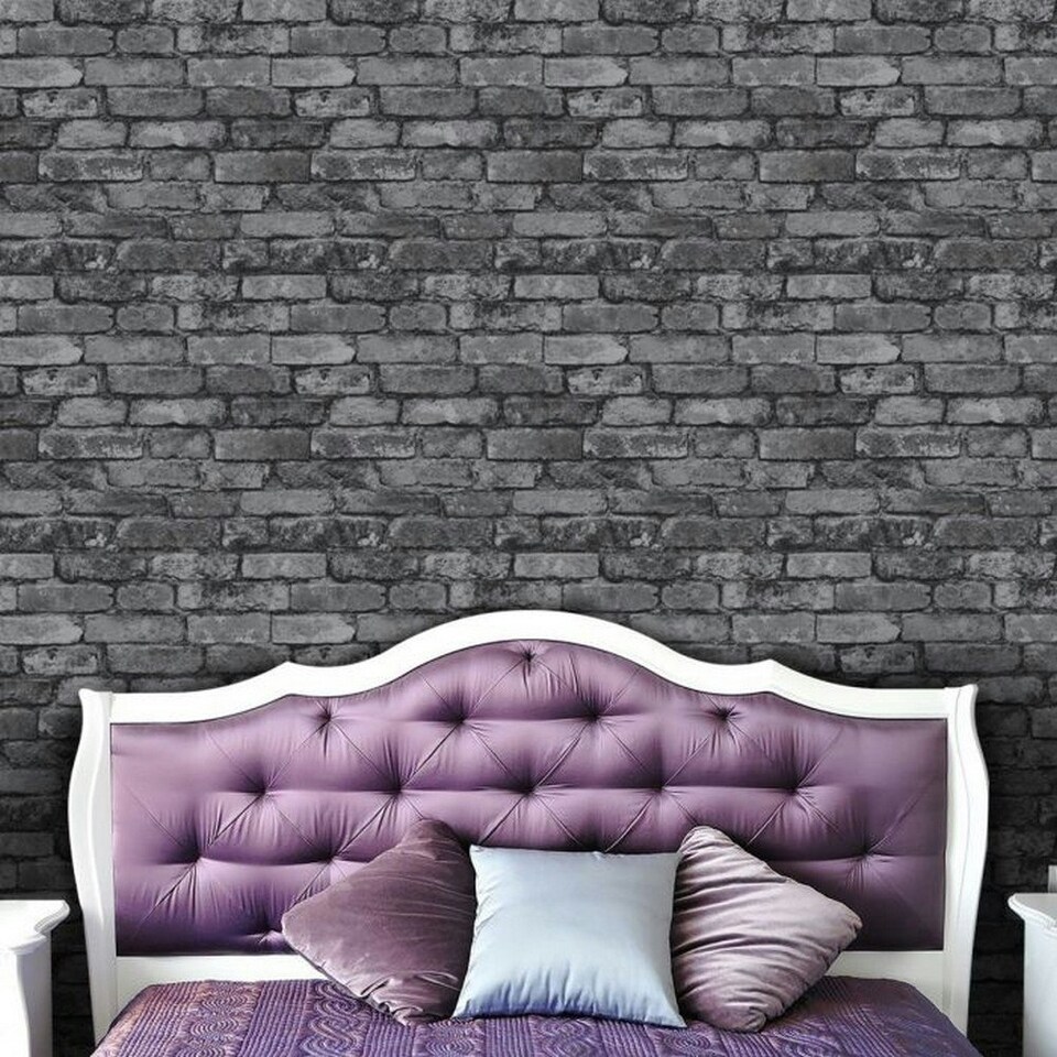 image 1 of Fine Decor Brick Effect Wallpaper - Charcoal - 32.8ft x 20.5in Blue