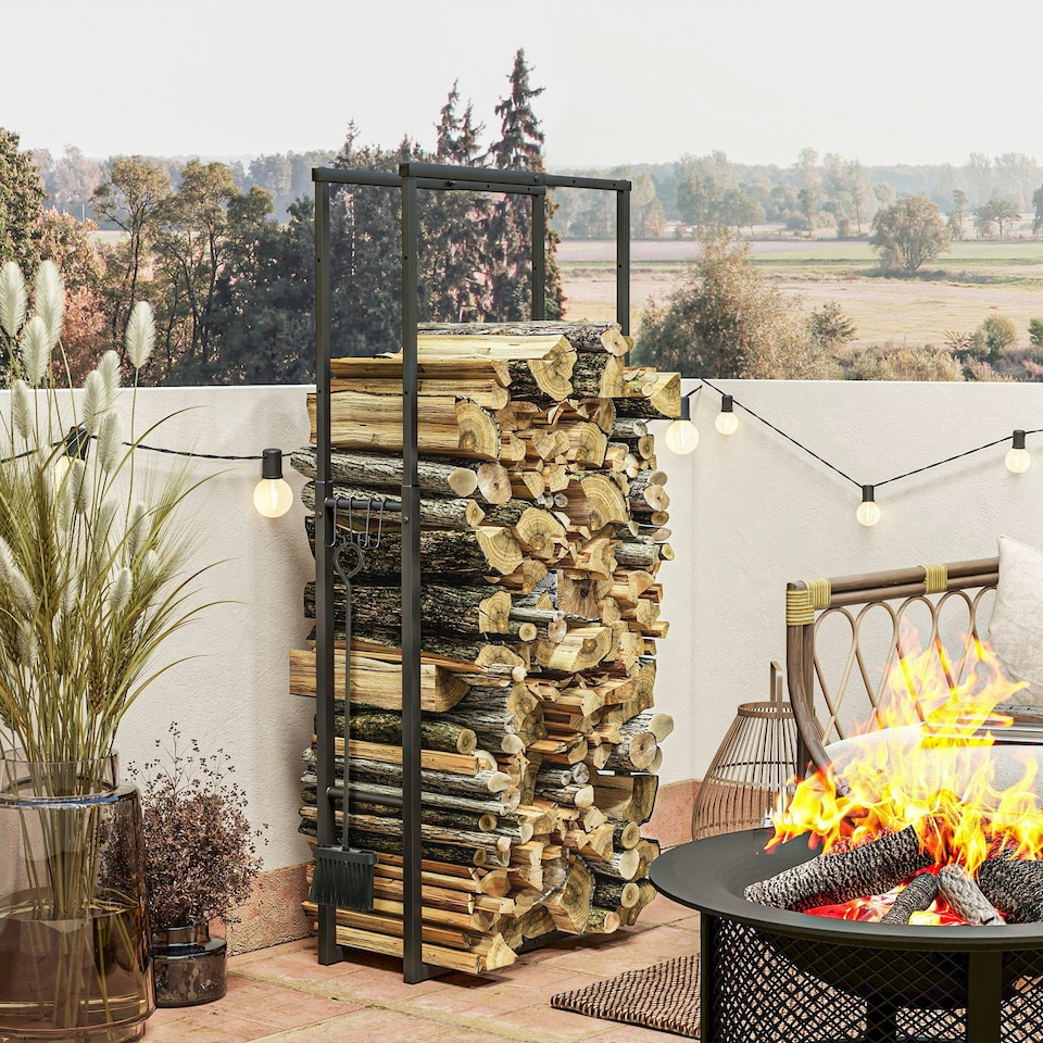 image 1 of Outsunny 100-150cm Retractable Metal Firewood Log Holder Rack with Hooks