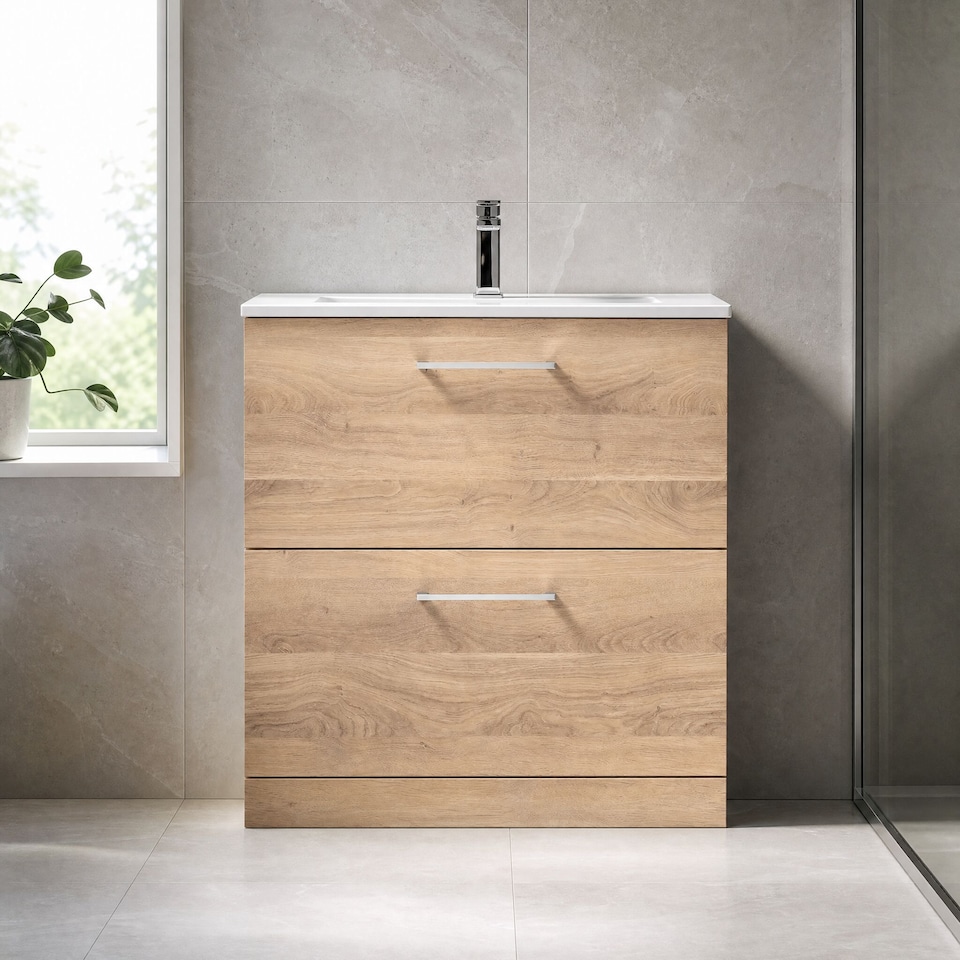 image 1 of Balterley Contemporary Bathroom 2 Soft Close Drawer & Minimalist Floor Standing Vanity Unit Basin | Brown | Bleached Oak | 818 x 800 x 390mm