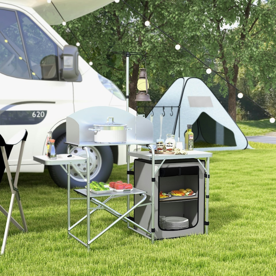 image 1 of Outsunny Camping Kitchen with Cupboard Folding Camping Table with Carrying Bag