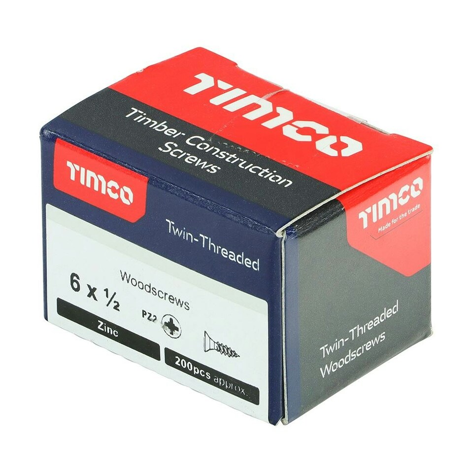 image 1 of Timco - Twin-Threaded Woodscrews - PZ - Double Countersunk - Zinc (Size 6 x 1/2 - 200 Pieces)