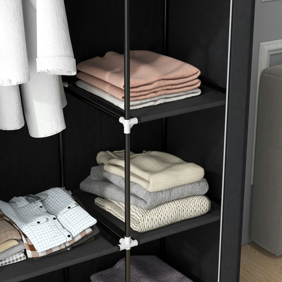 image 1 of HOMCOM Fabric Wardrobe w/ Shelves Hanging Rail Foldable Closets Light Grey