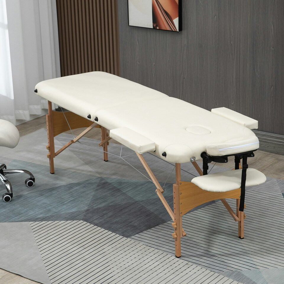 image 1 of HOMCOM Wooden Folding Massage Table w/ 2 Sections, Bag, Cream