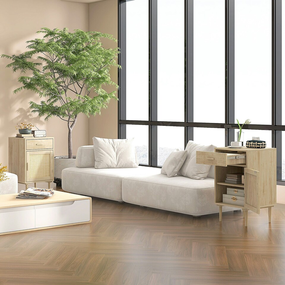 image 1 of HOMCOM Bedside Table with Rattan Drawer, Cabinet and Adjustable Shelf, Natural