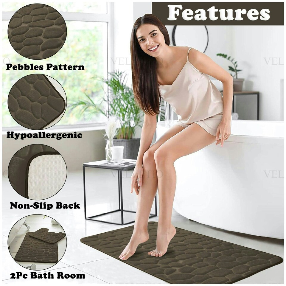 image 1 of VELVETIO 2Pc Pebble Bath Mat Set Memory Foam Bathroom Toilet Rugs Brown | Natural