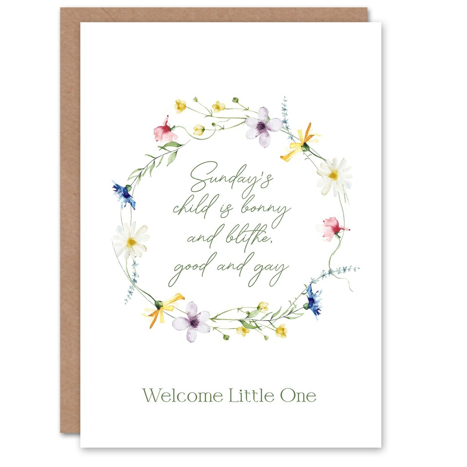 image 1 of Sunday's Child is Bonnie and Blithe Floral Wreath New Baby Card