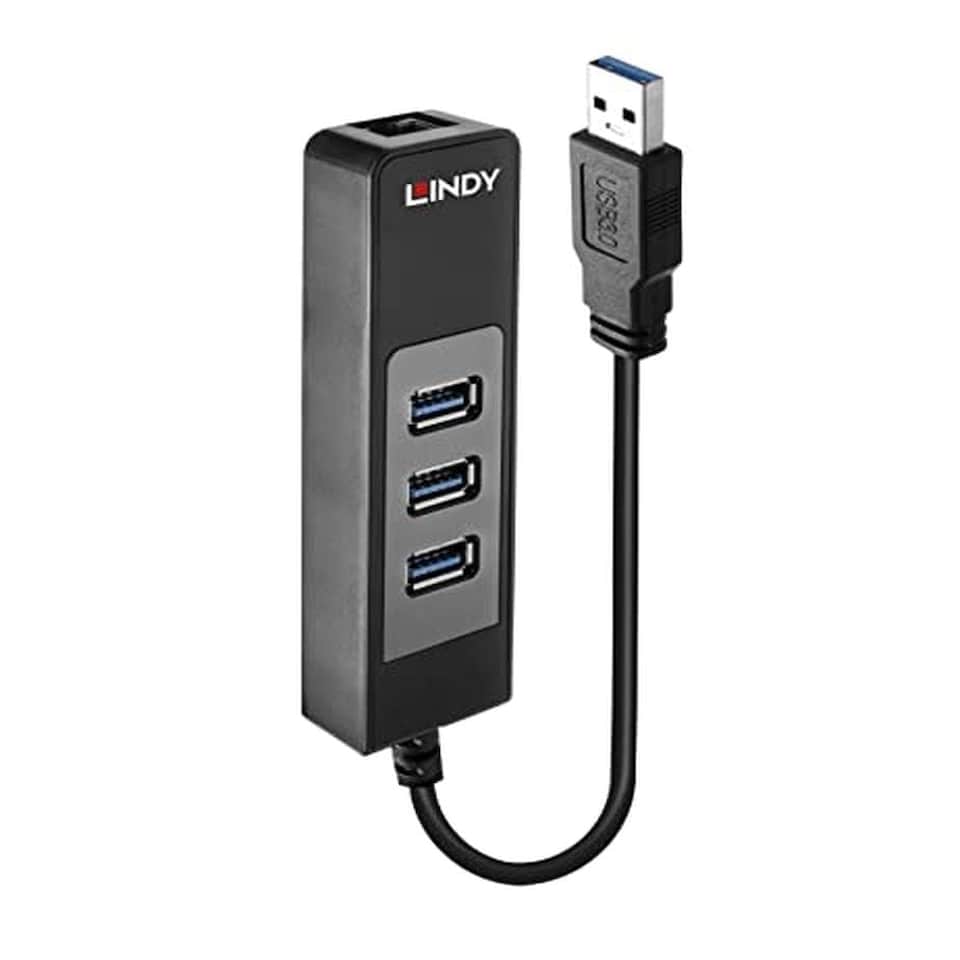 image 1 of LINDY USB 3.1 Type A to Gigabit LAN 3 Port Type A Hub Adapter for Ultrabook and Tablet, Black