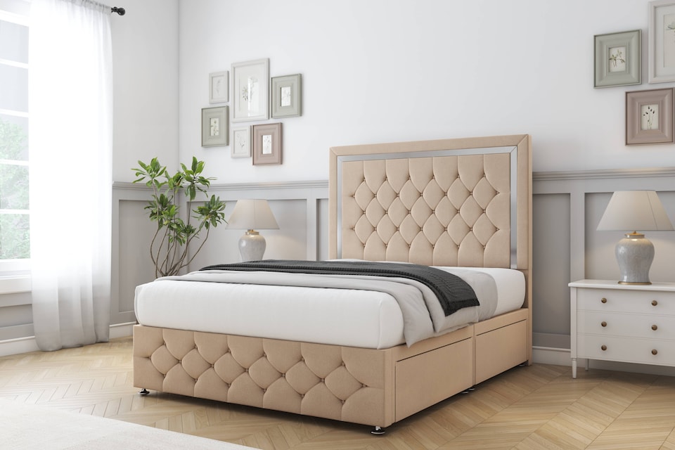 image 1 of Sloomy Sofia Chrome Pebble Plush Divan Bed With Mattress 2 Drawers Left Side With 54" Floor Standing Headboard & 12" Matching Footboard 6' Super King | Brown | Pebble | Super King | 1