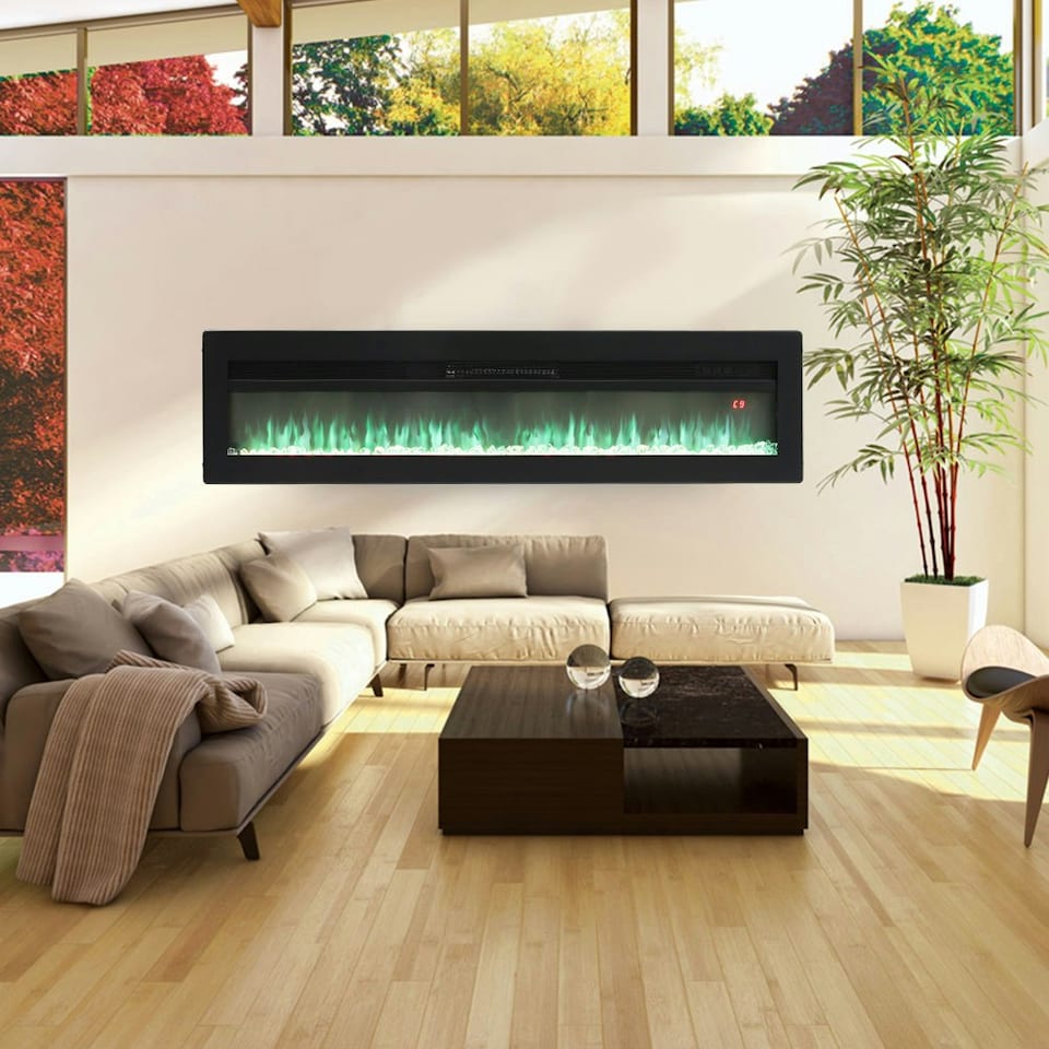image 1 of Living and Home 60 Inch Electric Fireplace -Recessed/Wall Mounted/Freestanding, with Remote,1500W,Black