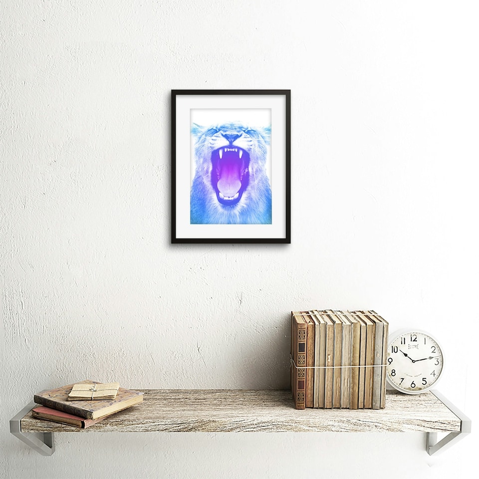 image 1 of Lion Roar Blue Purple Modern Big Cat Lover 9x7" Black Framed Wall Art Print